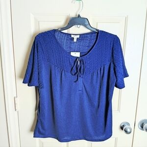 Como Blu Women Blue Drawstring Short Sleeve Blouse Top Size XL NWT